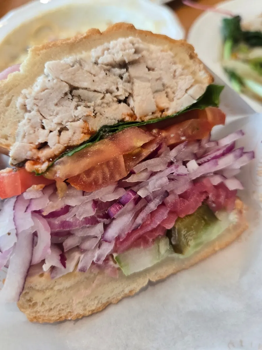 A cross-section of the spicy chicken breast sandwich