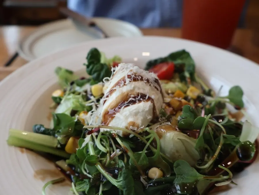 Salad topped with ricotta cheese