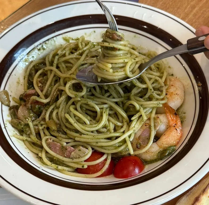 Close-up of the basil pasta on a plate