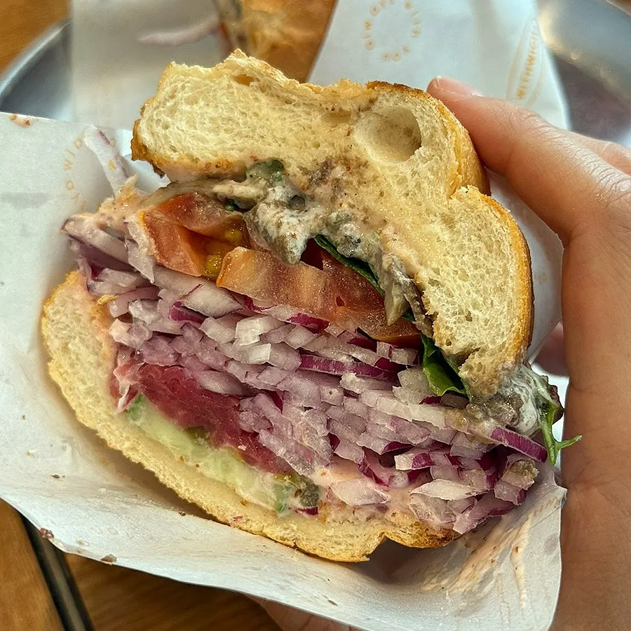 Cross-section of the baguette truffle vegetable sandwich