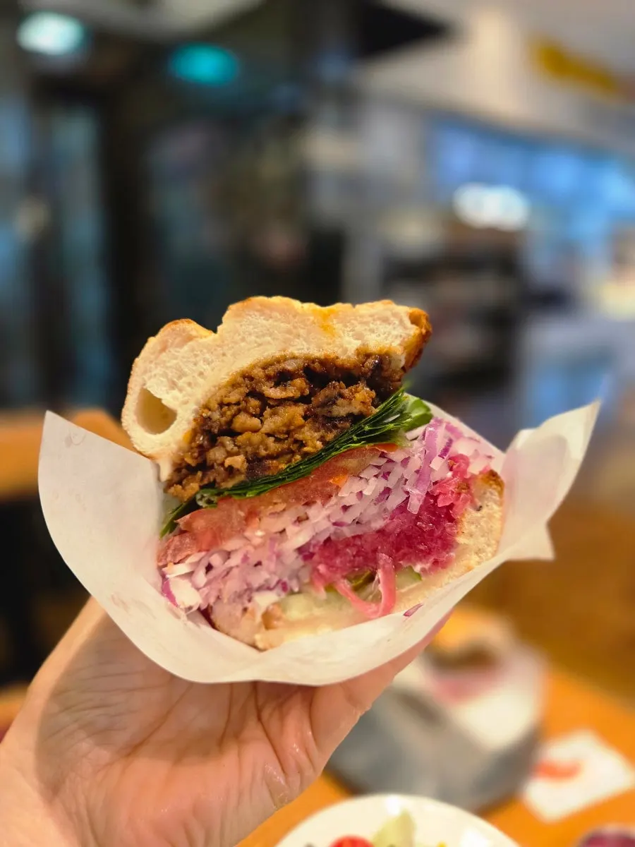 Cross-section of the perilla leaf bulgogi sandwich packed with filling