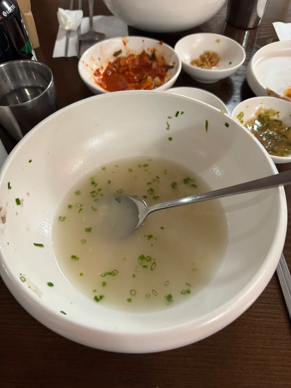 Napa cabbage kimchi and radish kimchi served alongside the gomtang