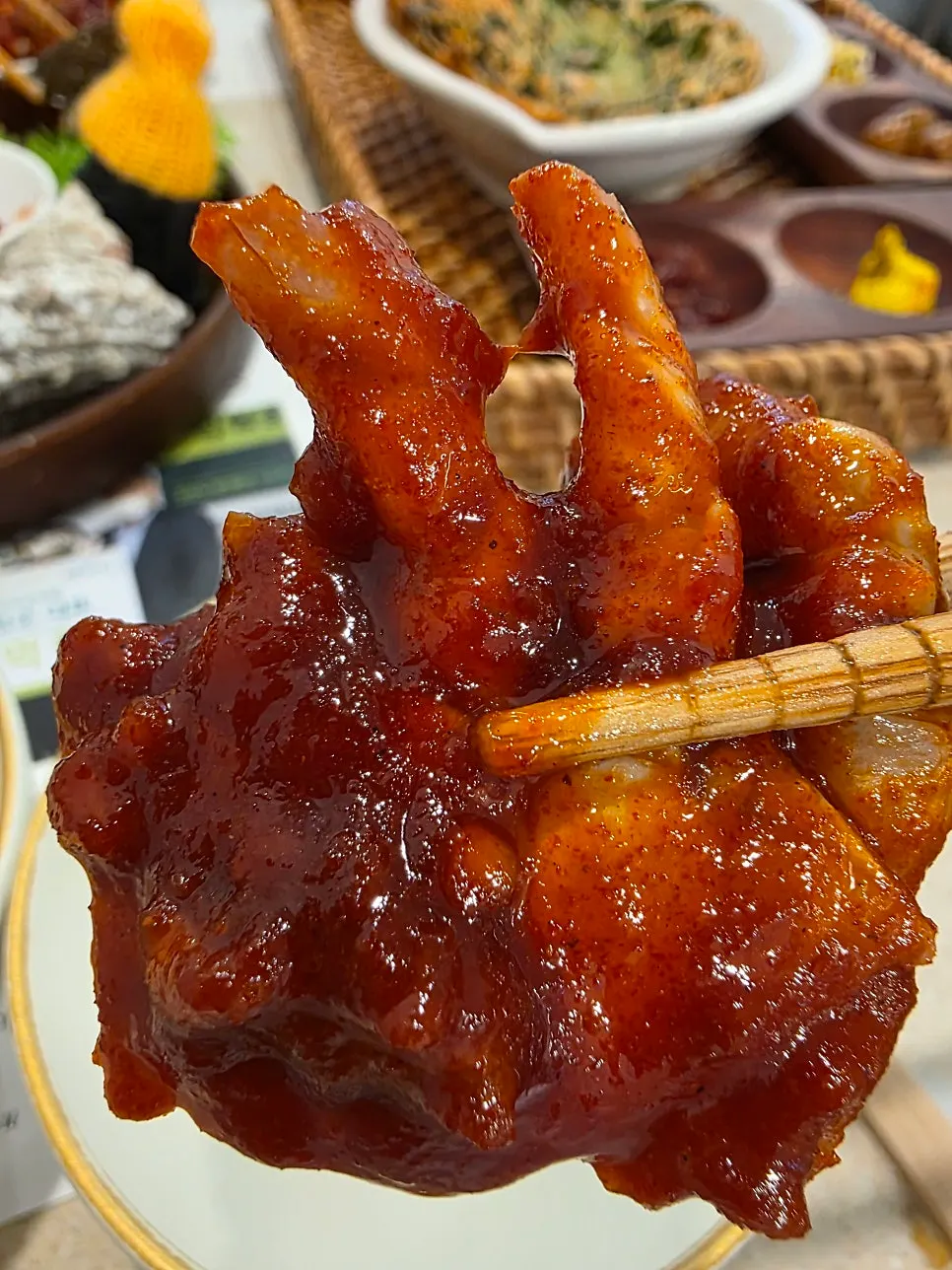 Grilled galbi split half soy sauce, half spicy