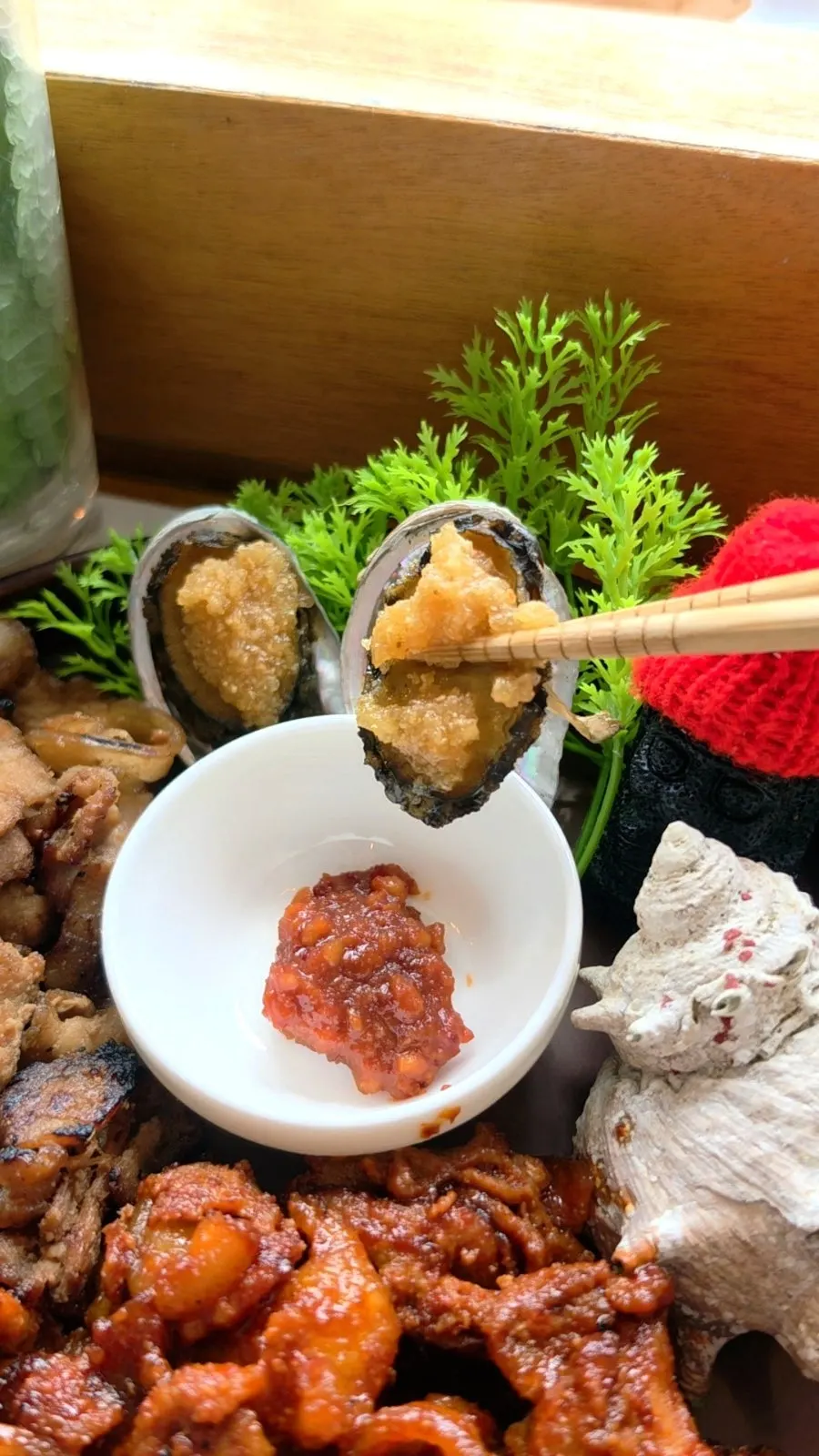 Close-up of abalone grilled in butter