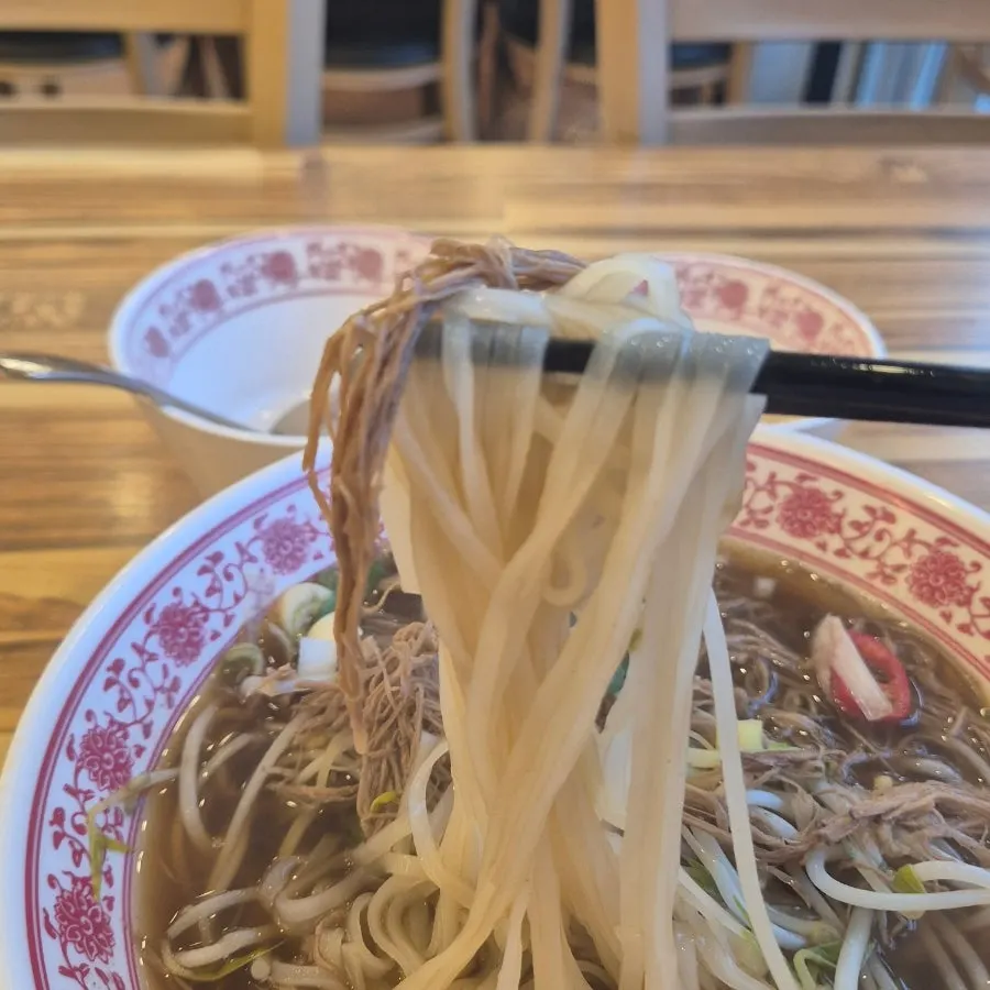 Pho noodles and beef brisket picked up together with chopsticks