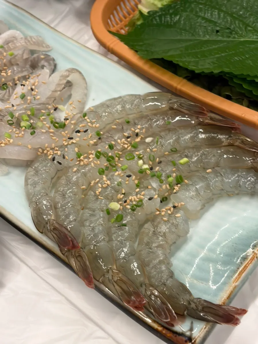 Plate of plump in-season raw shrimp sashimi
