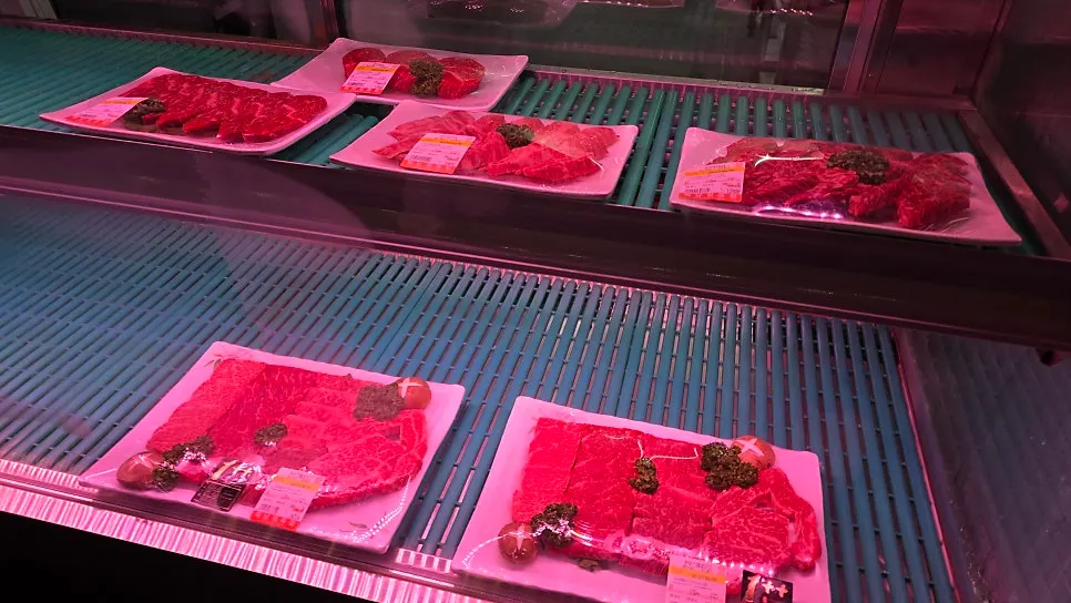 Bright red hanwoo cuts displayed in the meat corner at Wonangmyeongga