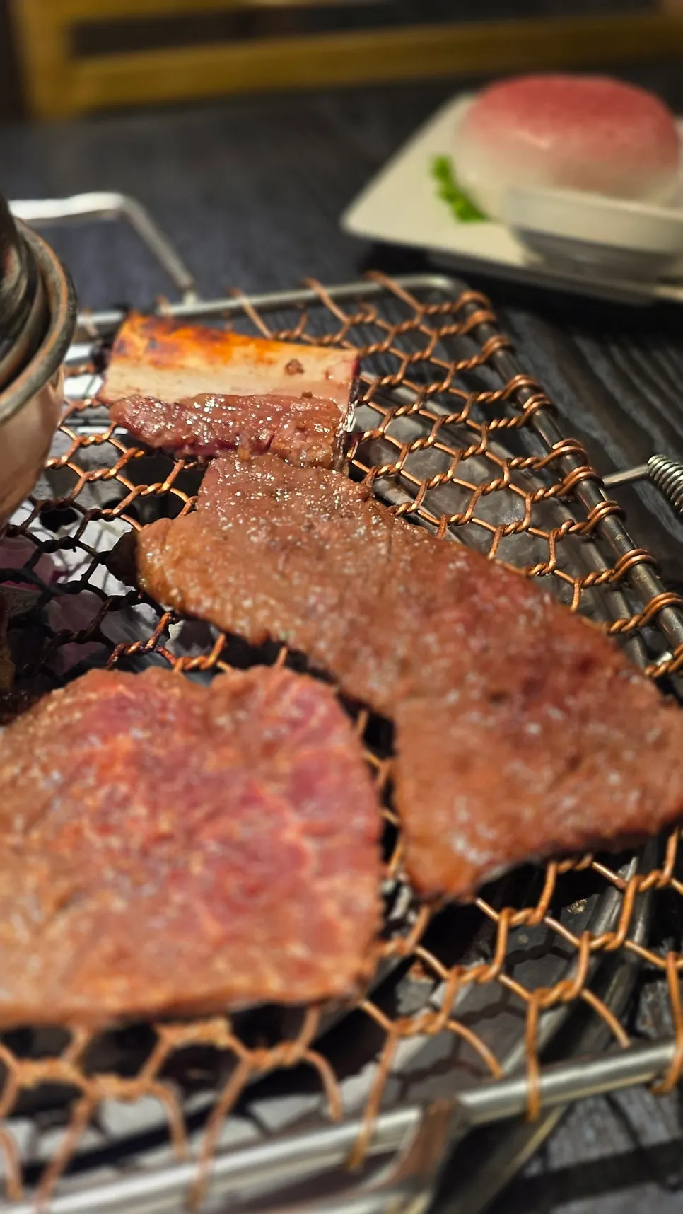 Close-up of glossy charcoal-grilled seasoned galbi