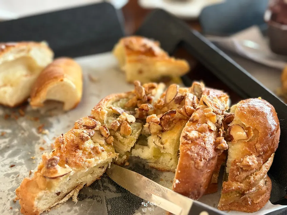Cross-section of walnut glutinous rice bread cut in half