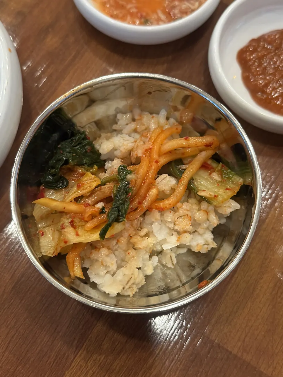 Small bowl of default barley rice with kimchi