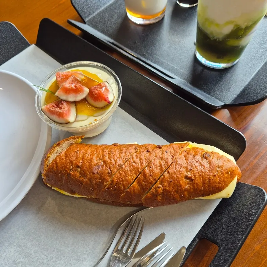 Bread and drinks set on the table