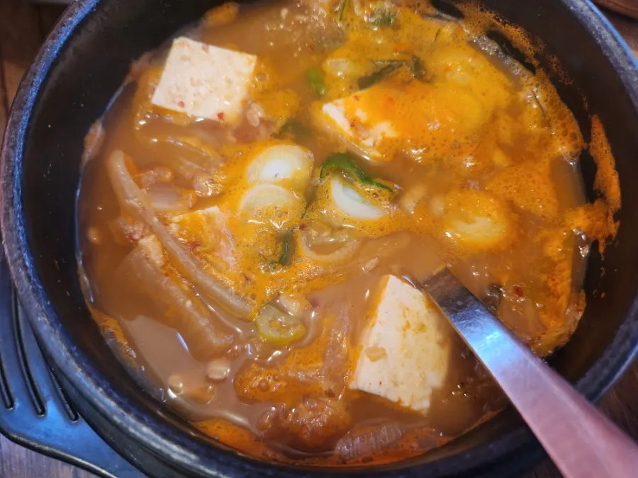 Cheonggukjang served boiling in a stone pot