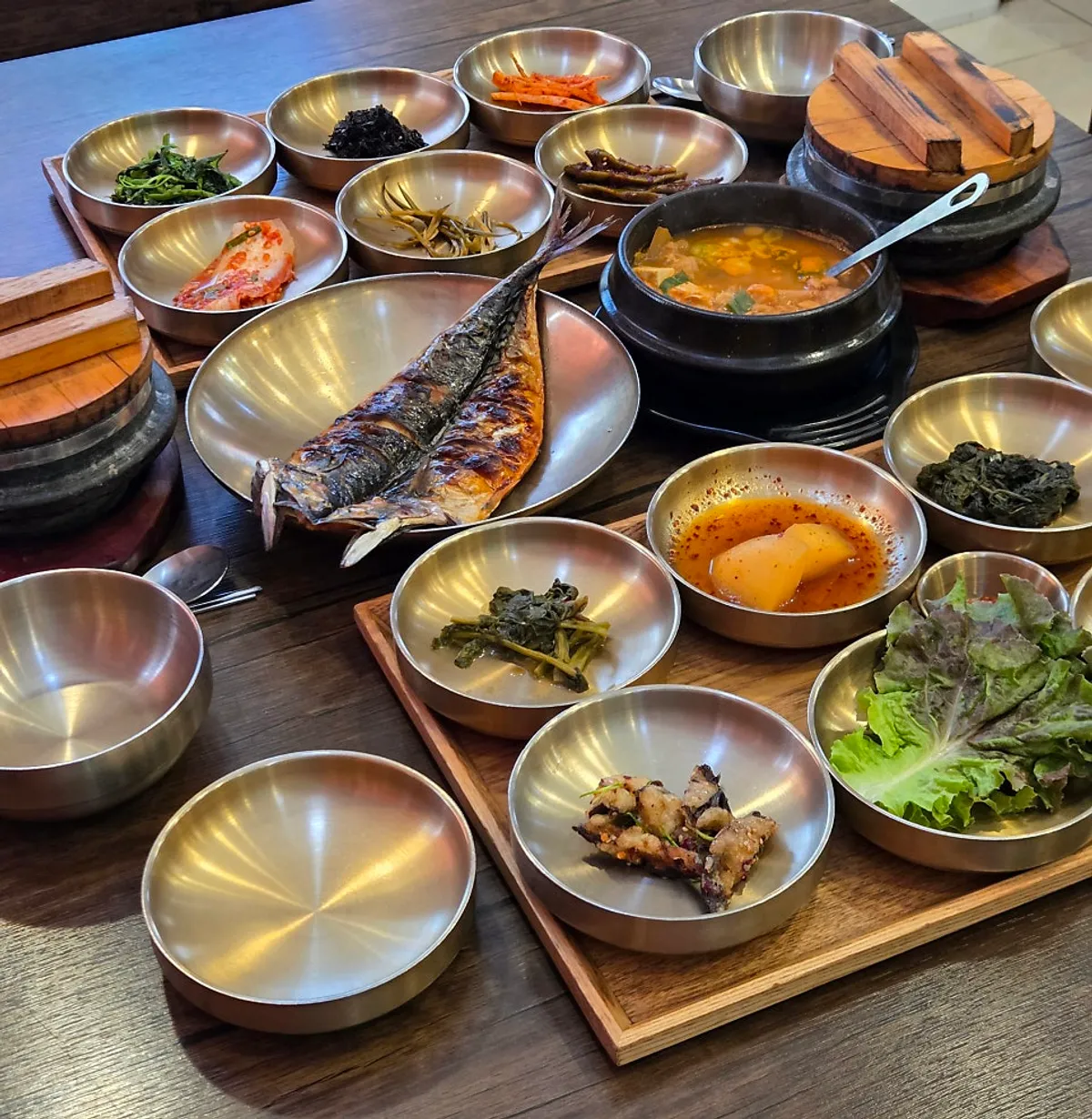 Two-person Tteuranchae Bapsang spread packed with side dishes