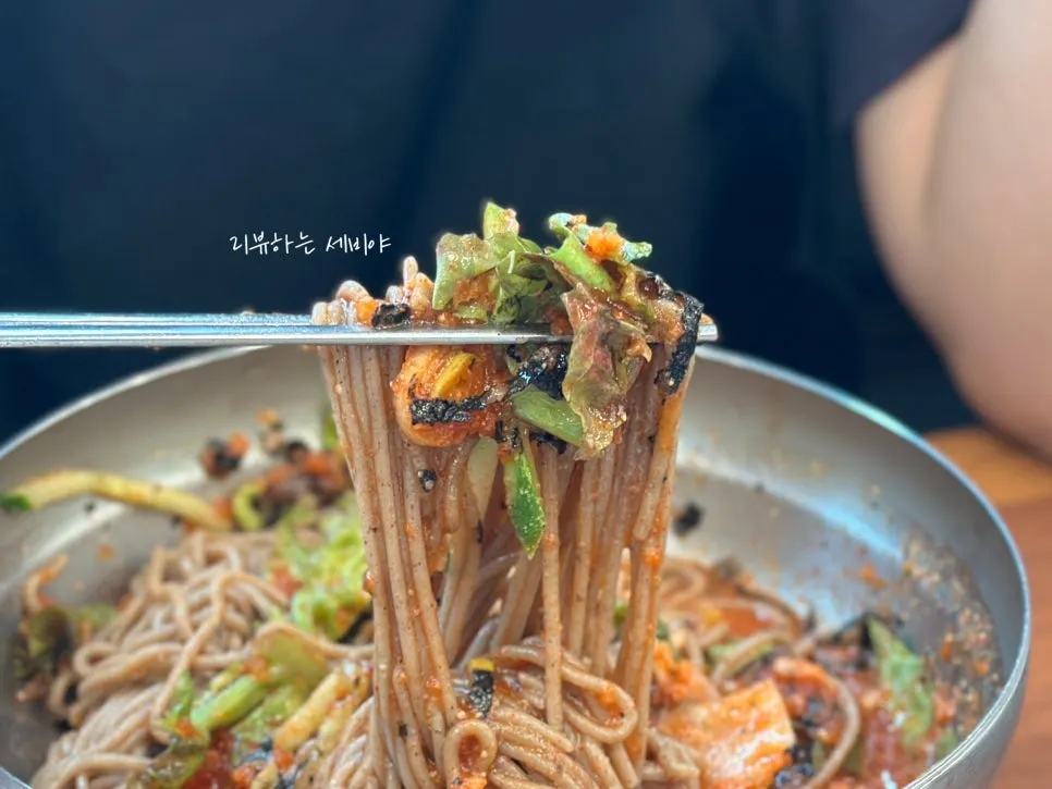 Buckwheat makguksu noodles mixed with sauce