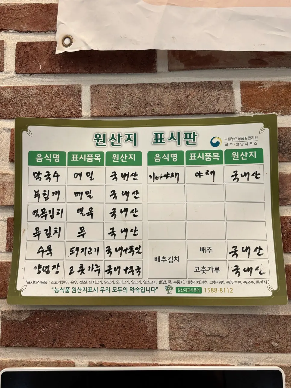 Ingredient origin labeling board displayed in the restaurant