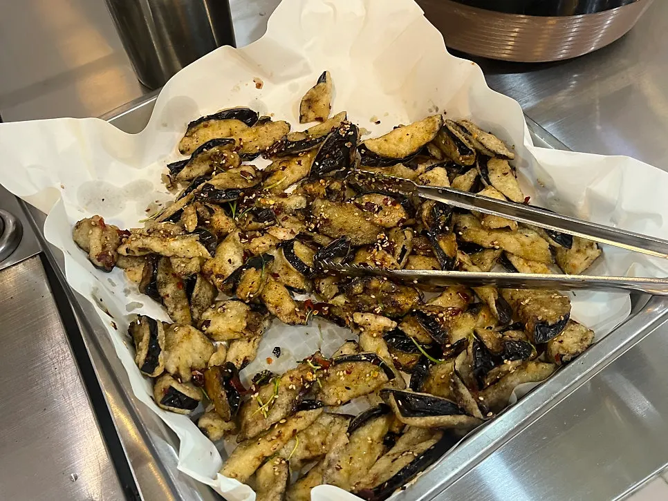 Eggplant fritter side dish at the self-service corner