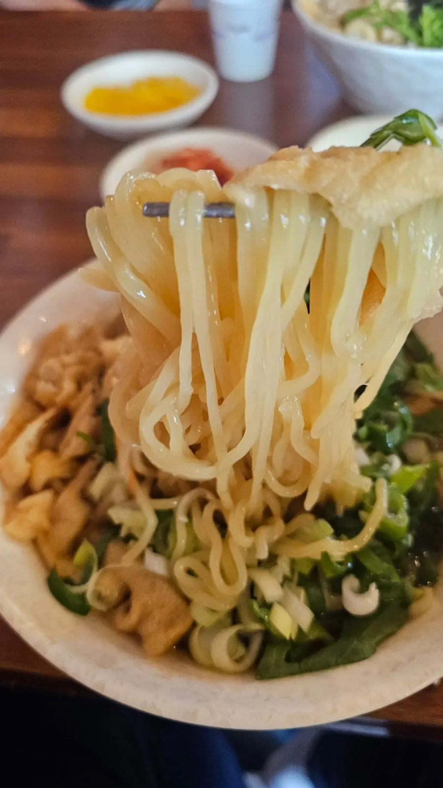 Close-up of fish cake udon topped with crown daisy, fried tofu, and green onion