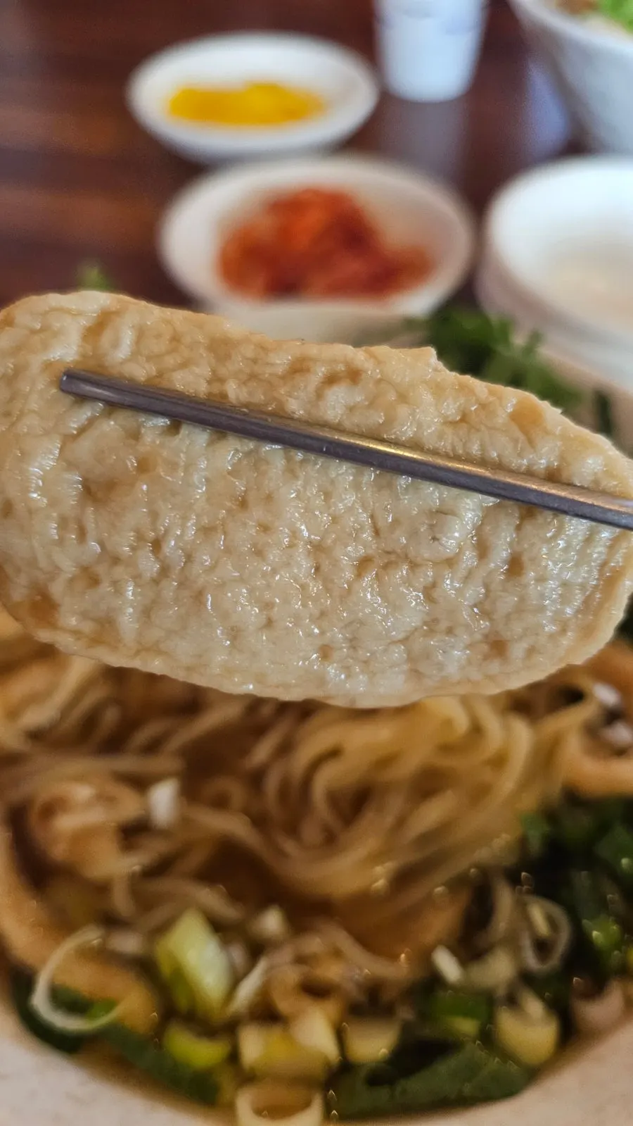 Thin udon noodles lifted with chopsticks