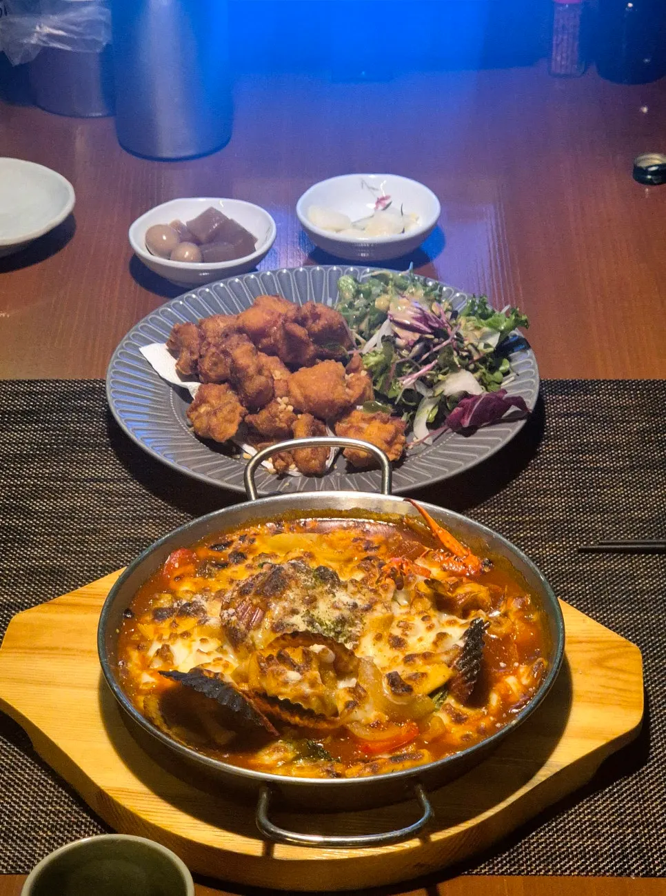 Seafood cheese tteokbokki and chicken karaage