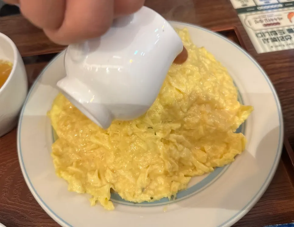 Close-up of sauce-drenched hamburg omurice