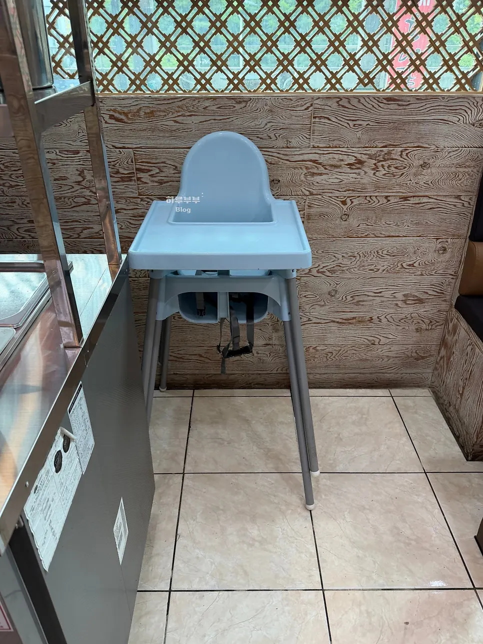 A baby chair set up next to the self-serve corner