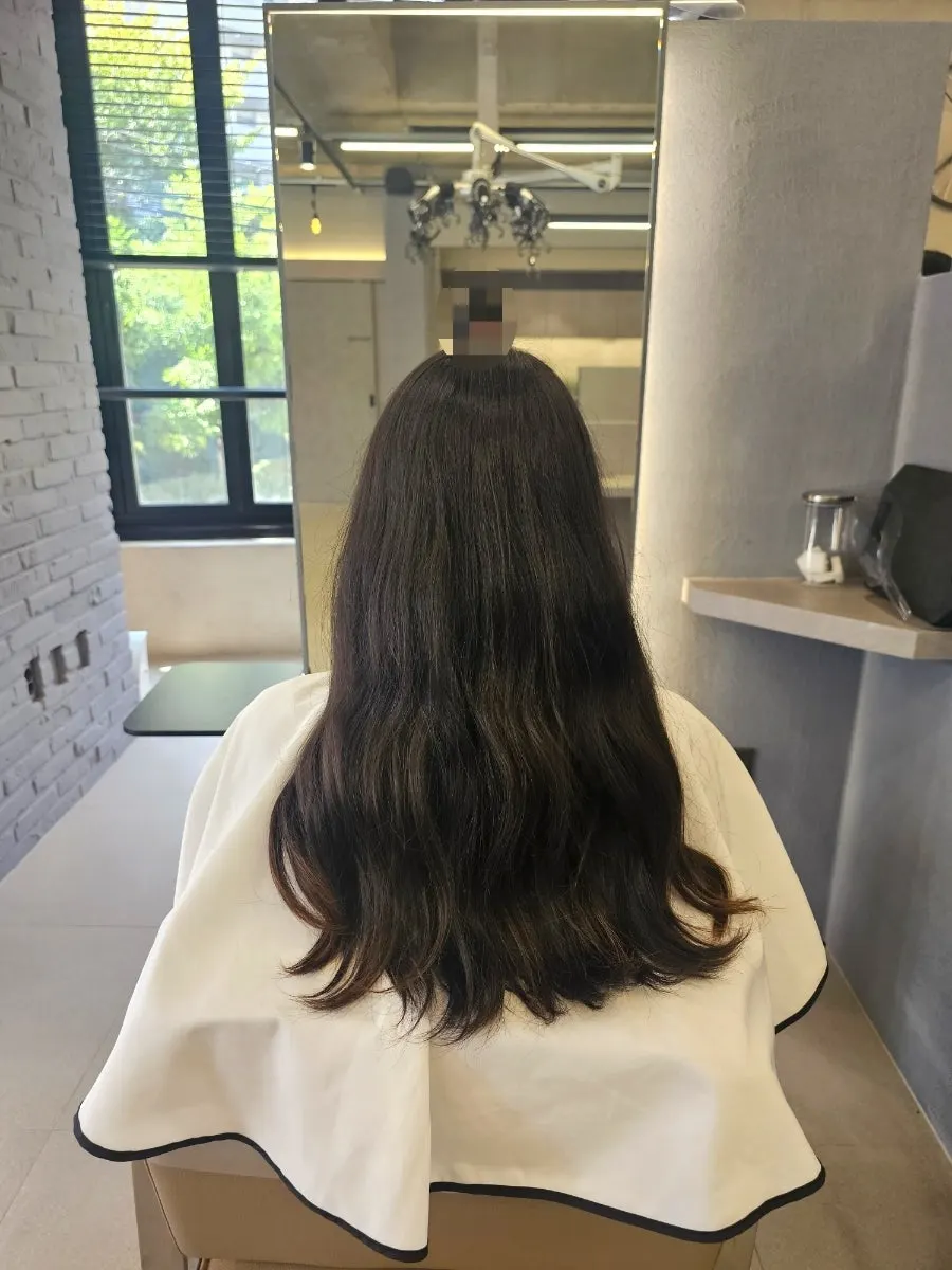 Back view of thick hair before the cut
