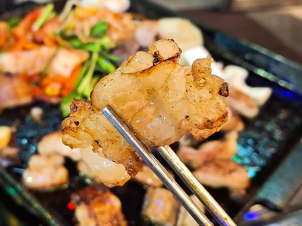 Thick daechang split in half and grilled
