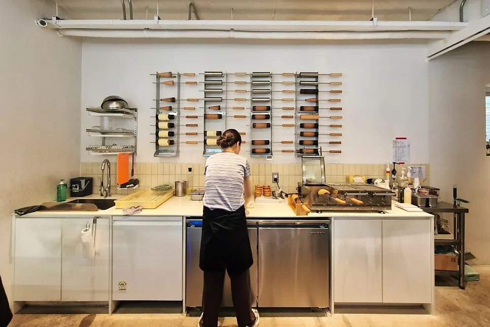 Workspace behind the counter where chimney bread is baked