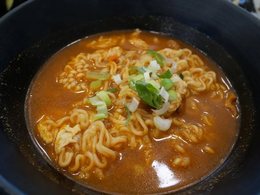 Ramen set spread with ramen, gimbap, and pork cutlet together