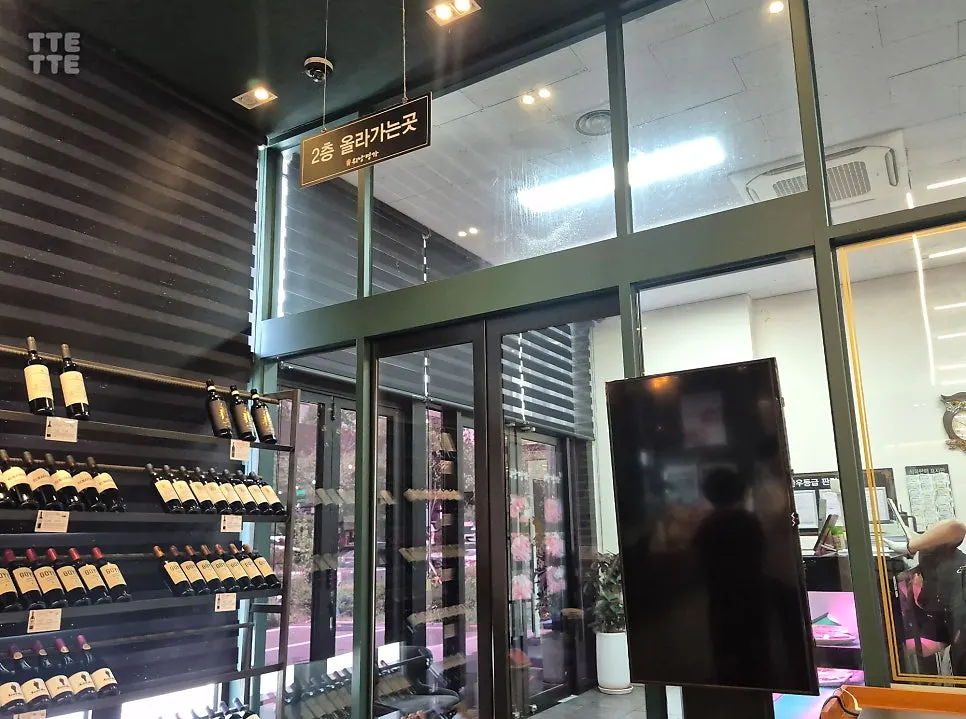 Display case of hanwoo cuts with price tags at the butcher restaurant counter