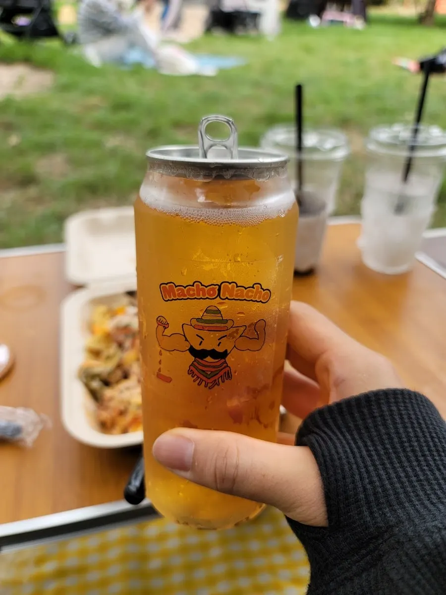 Nachos and beer set up on a picnic mat