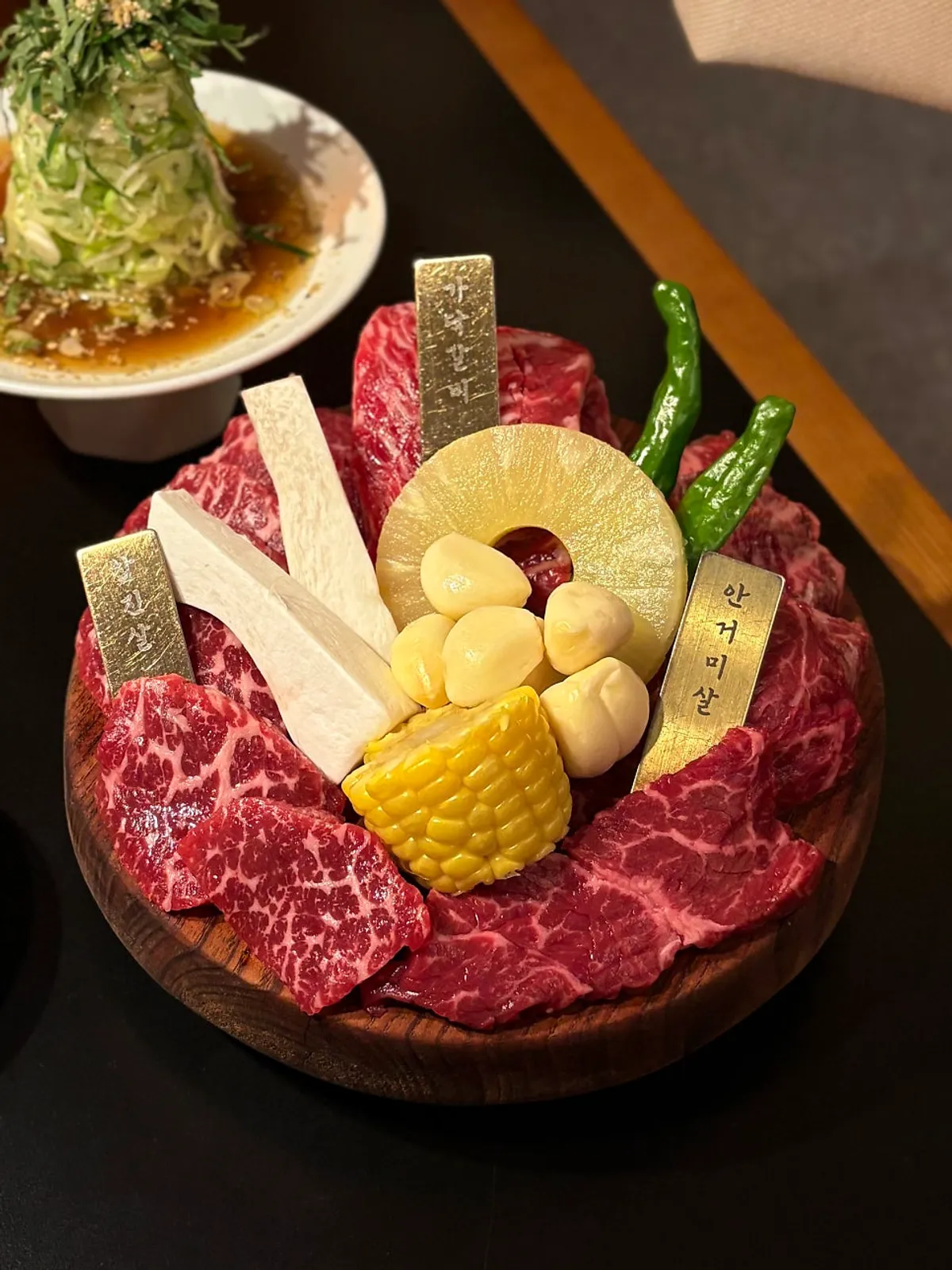 A plate of raw beef from the Woosang Hwarogui sampler set
