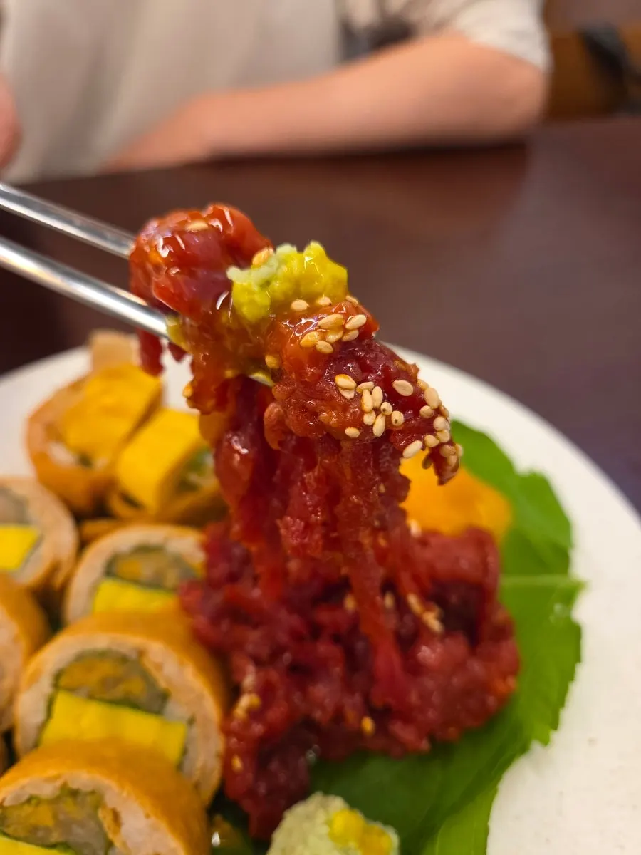 Gochujang yukhoe served with egg yolk and wasabi