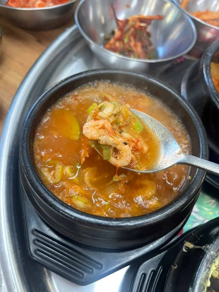Peppered doenjang jjigae with freshwater shrimp