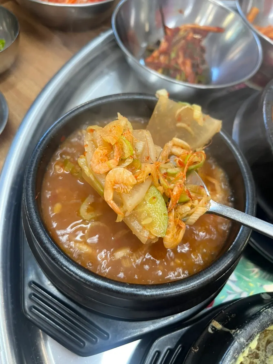 Doenjang jjigae with zucchini and freshwater shrimp