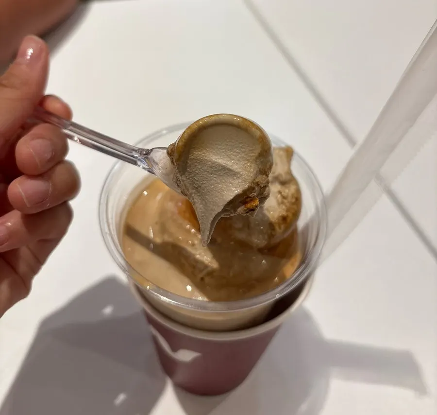 Close-up of the hojicha ice cream latte