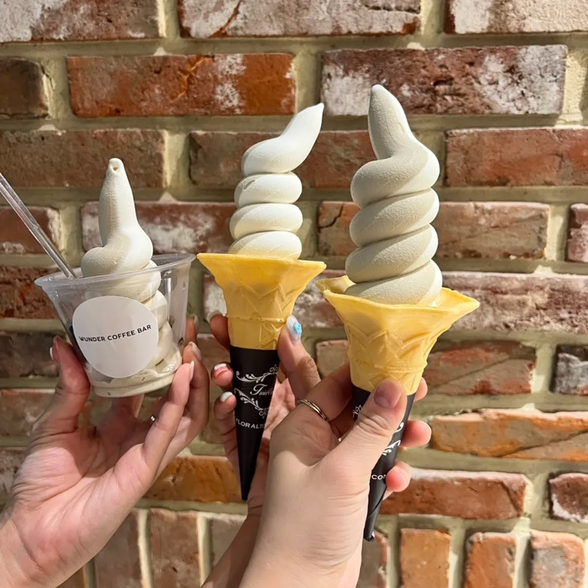 Two hojicha-vanilla swirl cone ice creams
