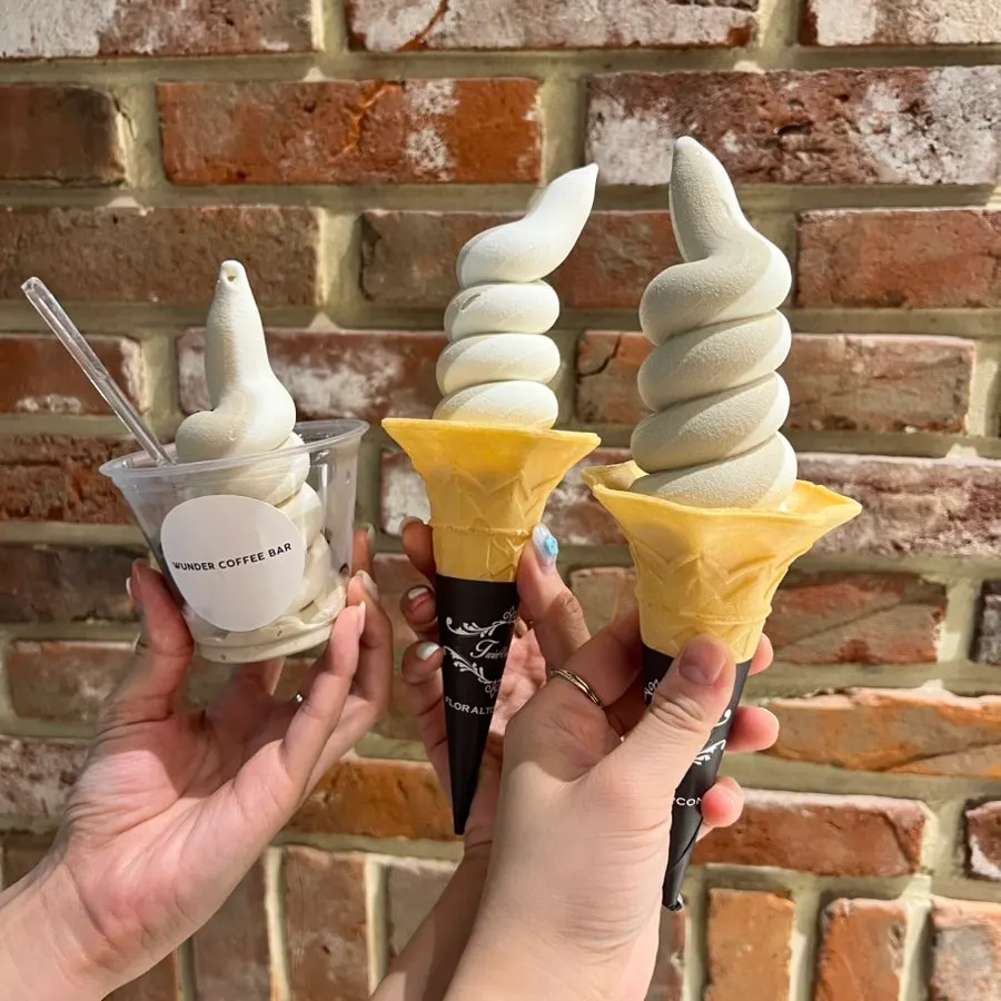 Cross-section of a cone with hojicha and vanilla ice cream mixed together