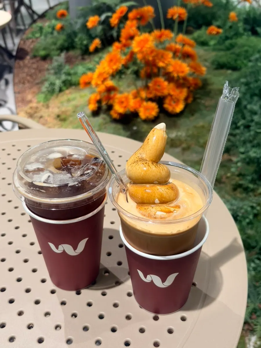 Wunder Gato and iced Americano set on a food square seat