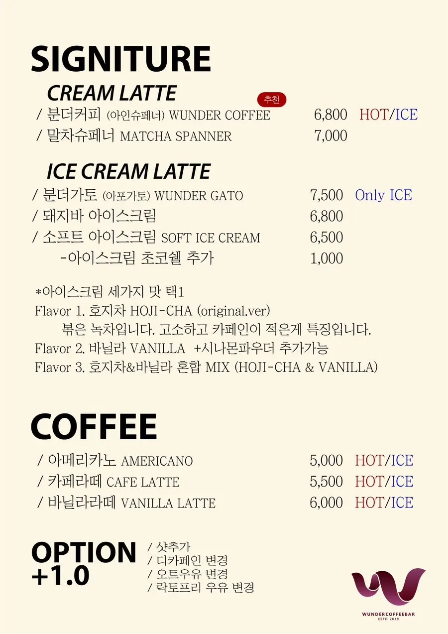 Vertical shot of the Wunder Coffee Bar menu board