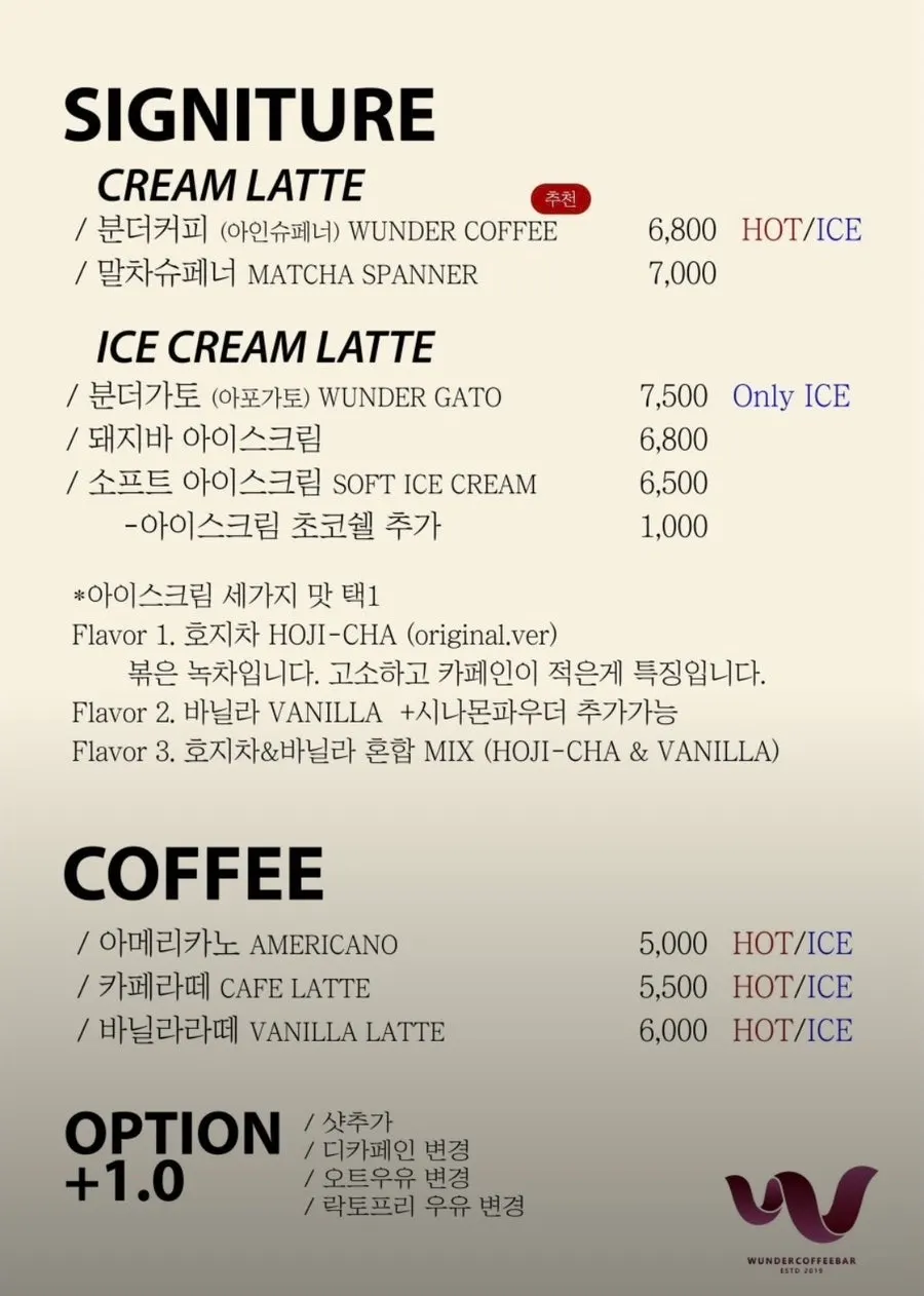 Coffee menu items listed on the Wunder Coffee Bar menu board