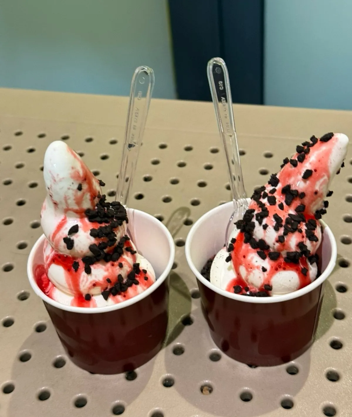 Spooning a bite of the dwaejibar ice cream