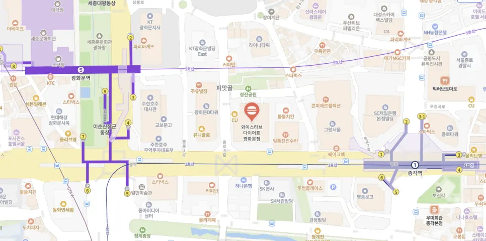 Location guide for Wystab between Jongak and Gwanghwamun stations