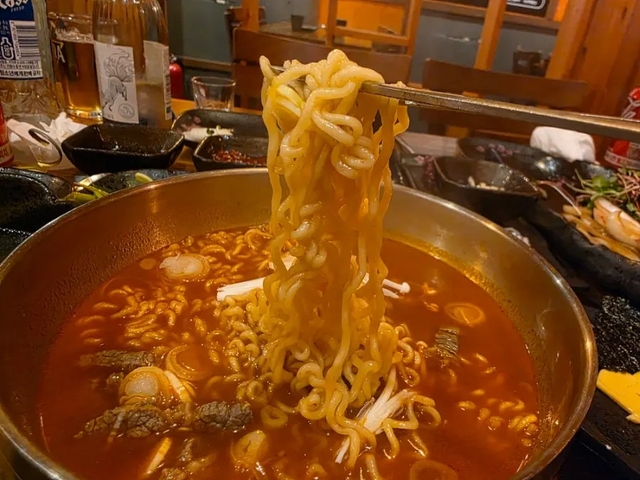Broth of the beef ramyeon with beef pieces