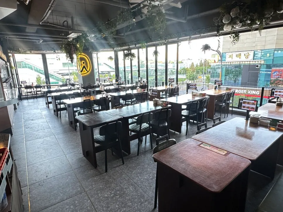 Spacious dining hall with panoramic windows