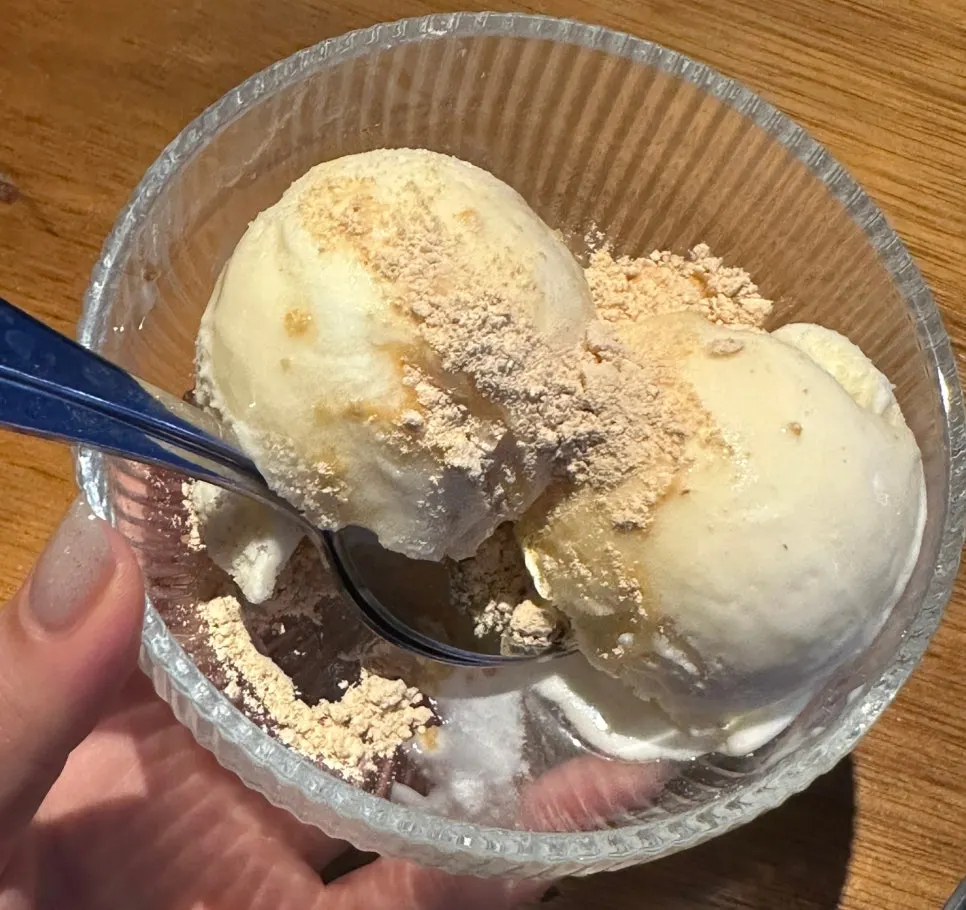 Complimentary injeolmi ice cream topped with soybean powder