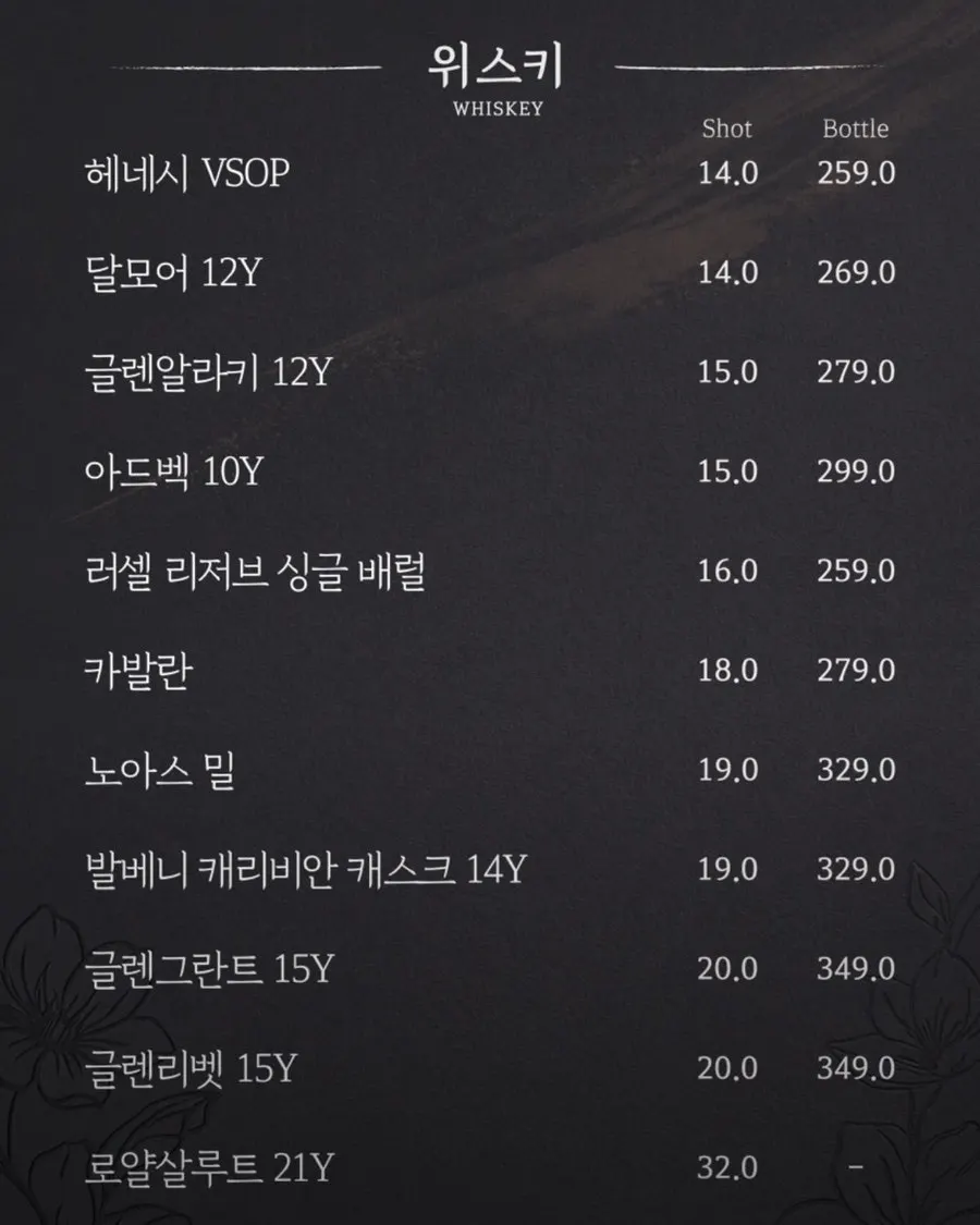 칵테일과 하이볼 메뉴가 적힌 메뉴판