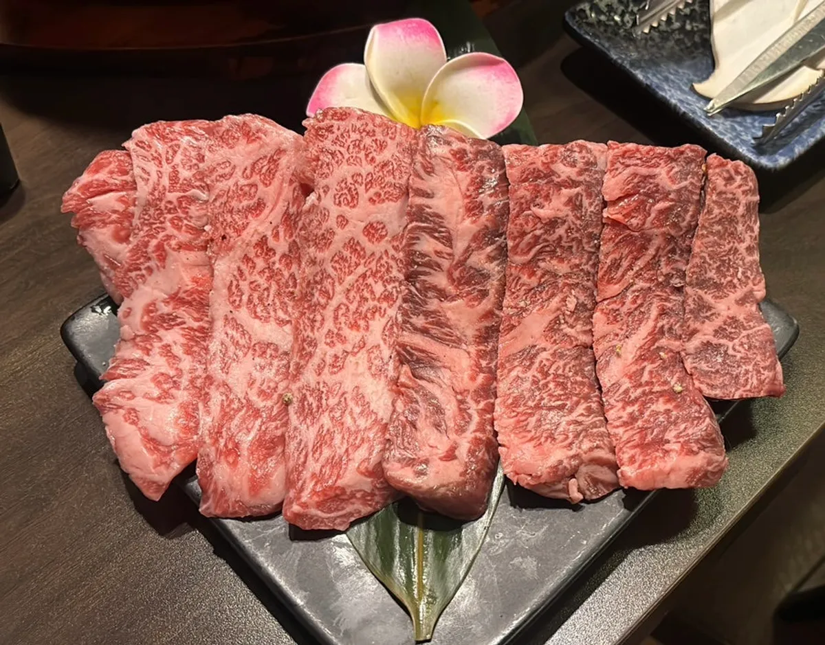 Marbled snowflake short rib and skirt steak on the table