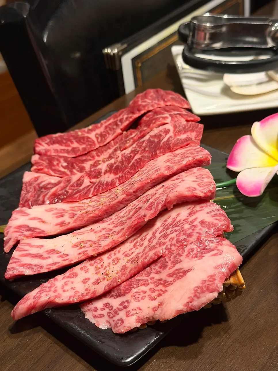 Marbling on a plate of snowflake short rib