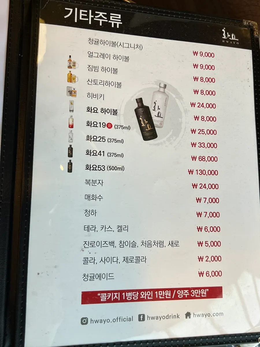 야끼니꾸풍경 주류와 하이볼 메뉴판